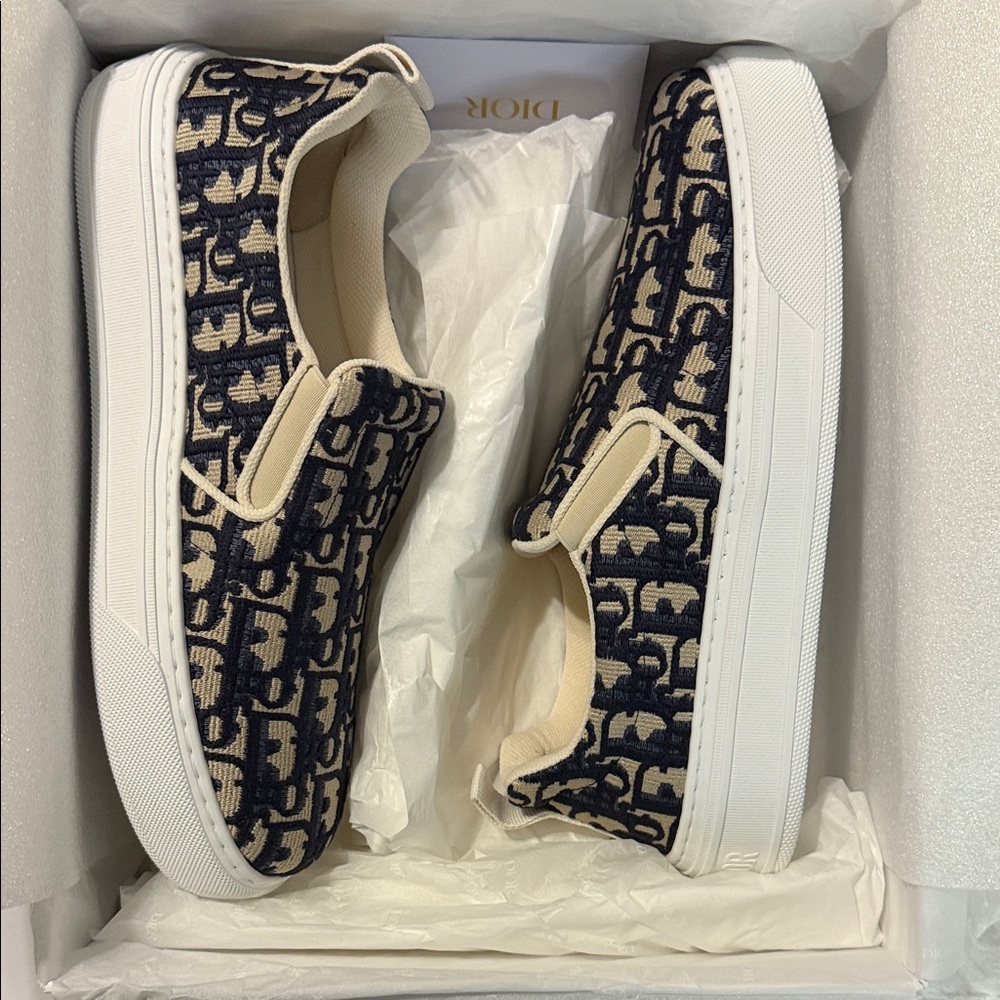 Dior Beige and Navy Patterned Slip-Ons